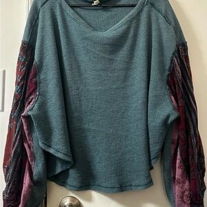 Free People Teal Waffle Knit Crewneck Top